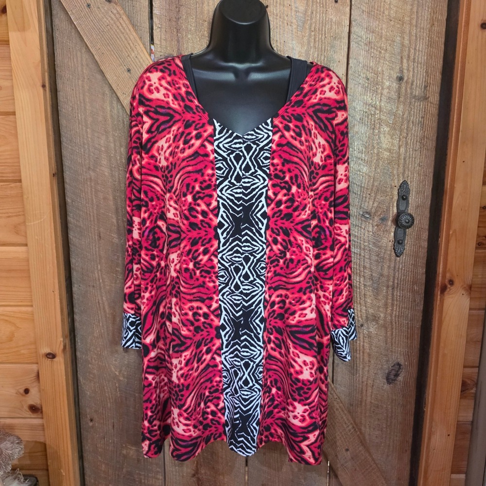 Susan Graver Womens 2X Knit Tunic Top Animal Print Red Cheetah/Zebra Panel